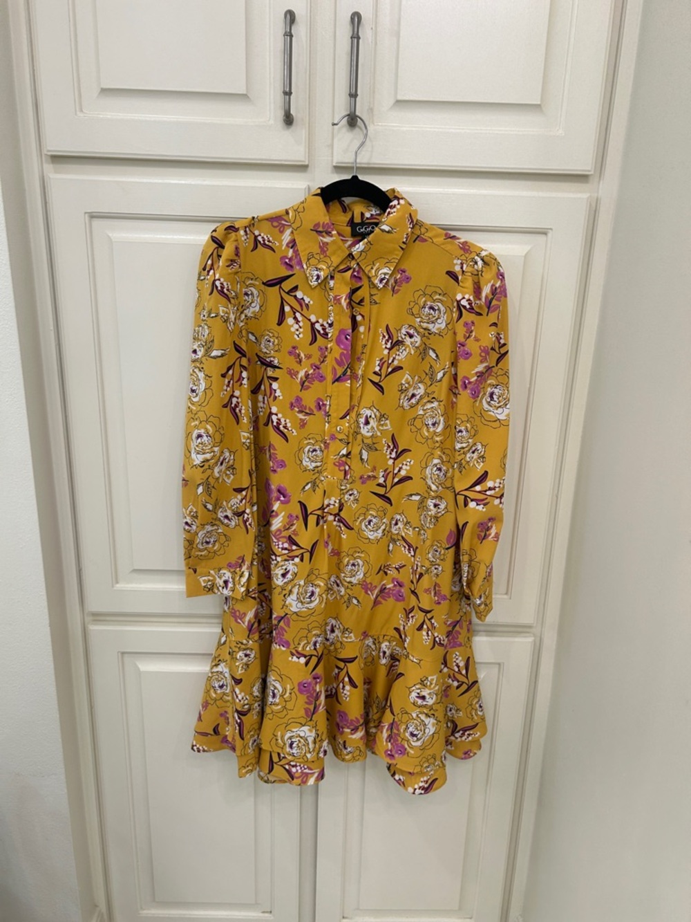 G Crown Mustard Floral Long-Sleeve Ruffle-Hem Dress